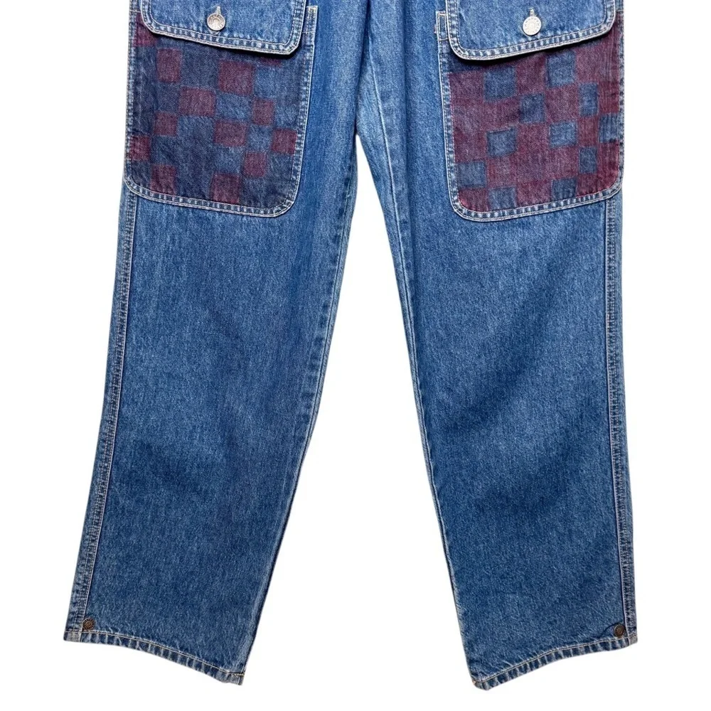 Happy x Nature Patchwork Plaid Pocket Wide Leg Jeans Boho Cottagecore Sz 4